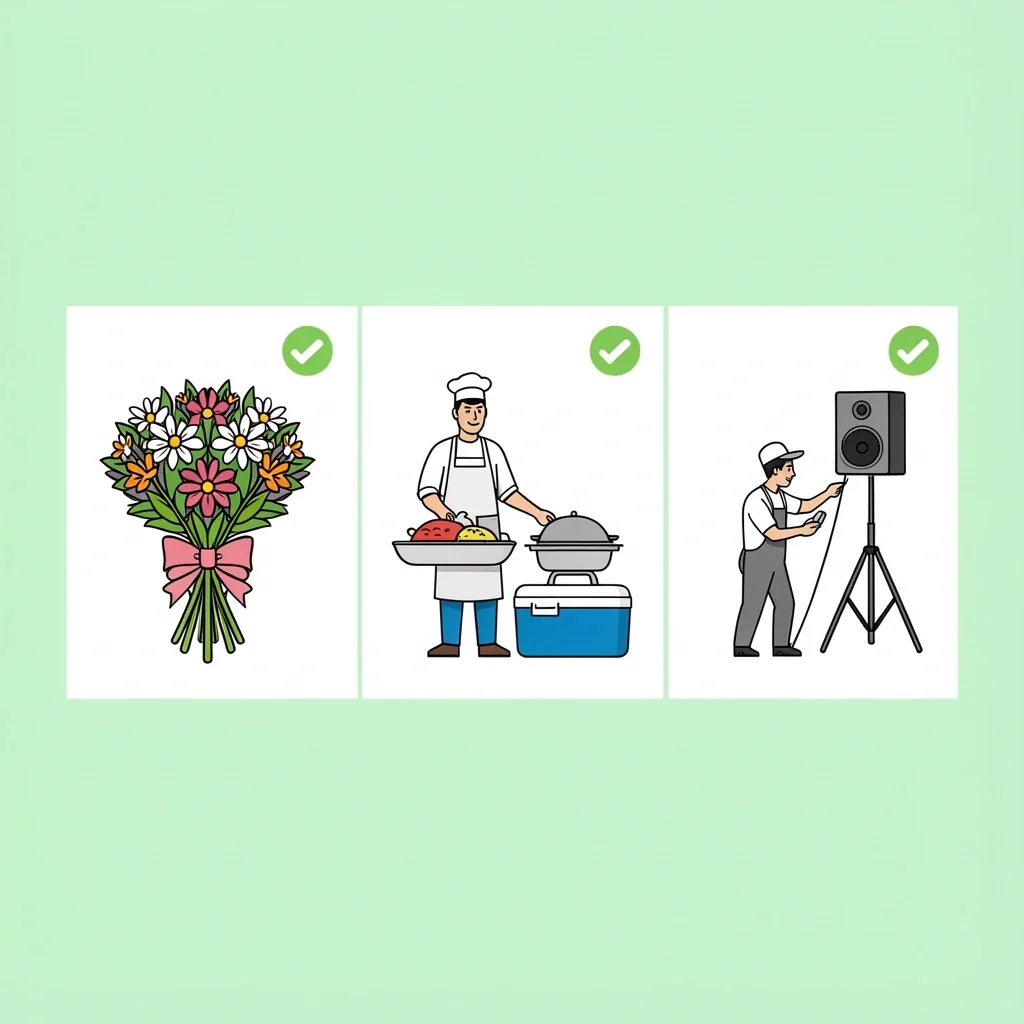 Garden Wedding Vendor Criteria Icons of florist, caterer, and sound technician for garden wedding vendor selection