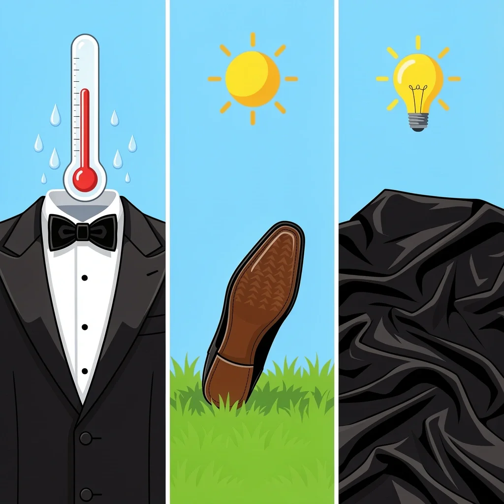 Outdoor Wedding Tuxedo Challenges Illustration comparing three outdoor wedding challenges: heat from sun, slippery terrain on grass, and harsh light wrinkling fabric