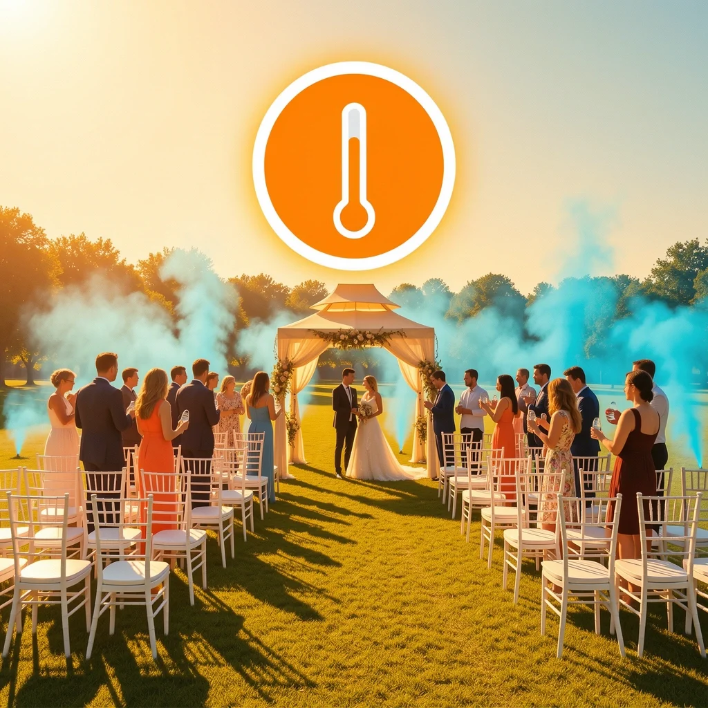 Outdoor wedding ceremony with heat index warning showing high temperature, guests using fans and water for cooling.