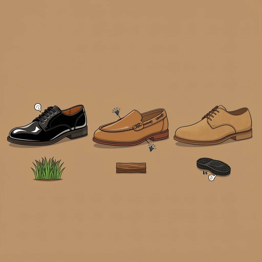 Outdoor Wedding Shoe Options Comparison of three shoe types for outdoor wedding tuxedos: patent leather, rubber-soled loafers, suede oxfords