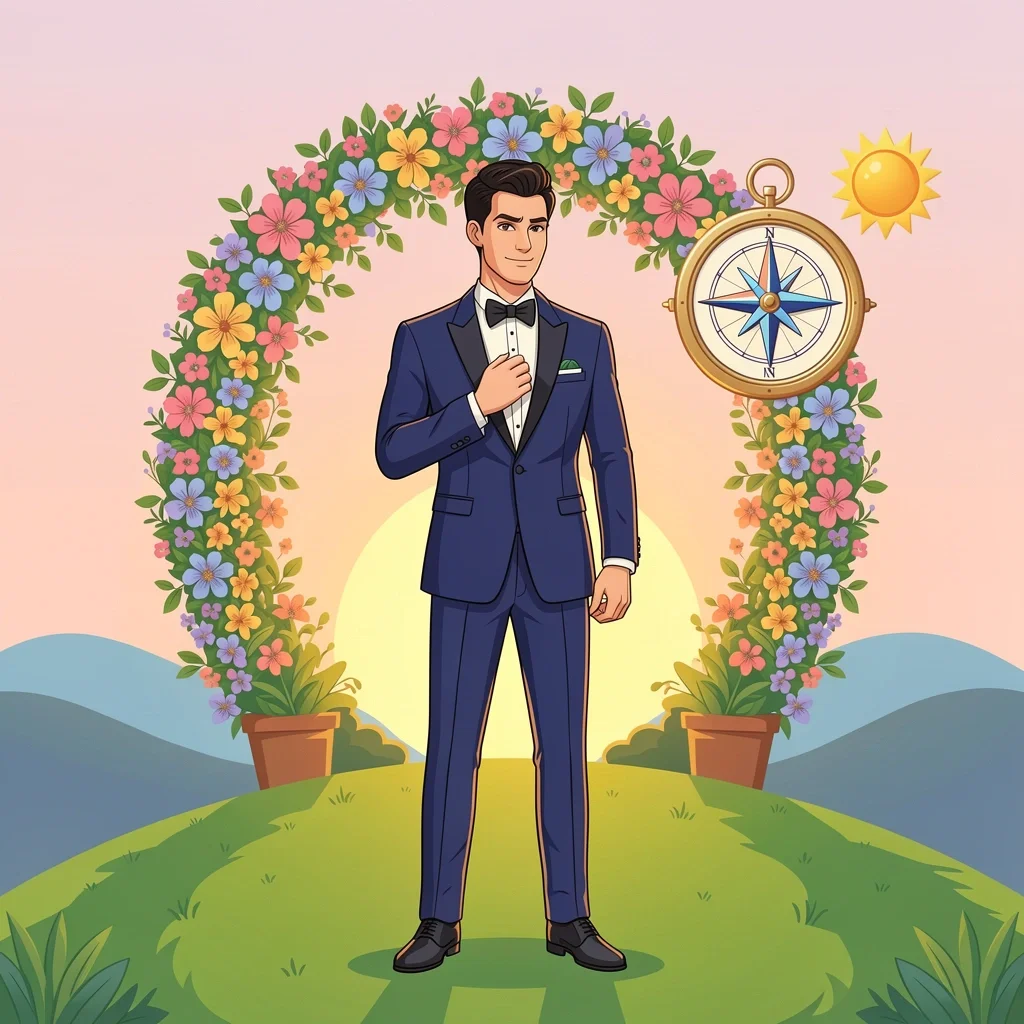 Groom wearing a lightweight midnight blue tuxedo at an outdoor garden wedding at sunset