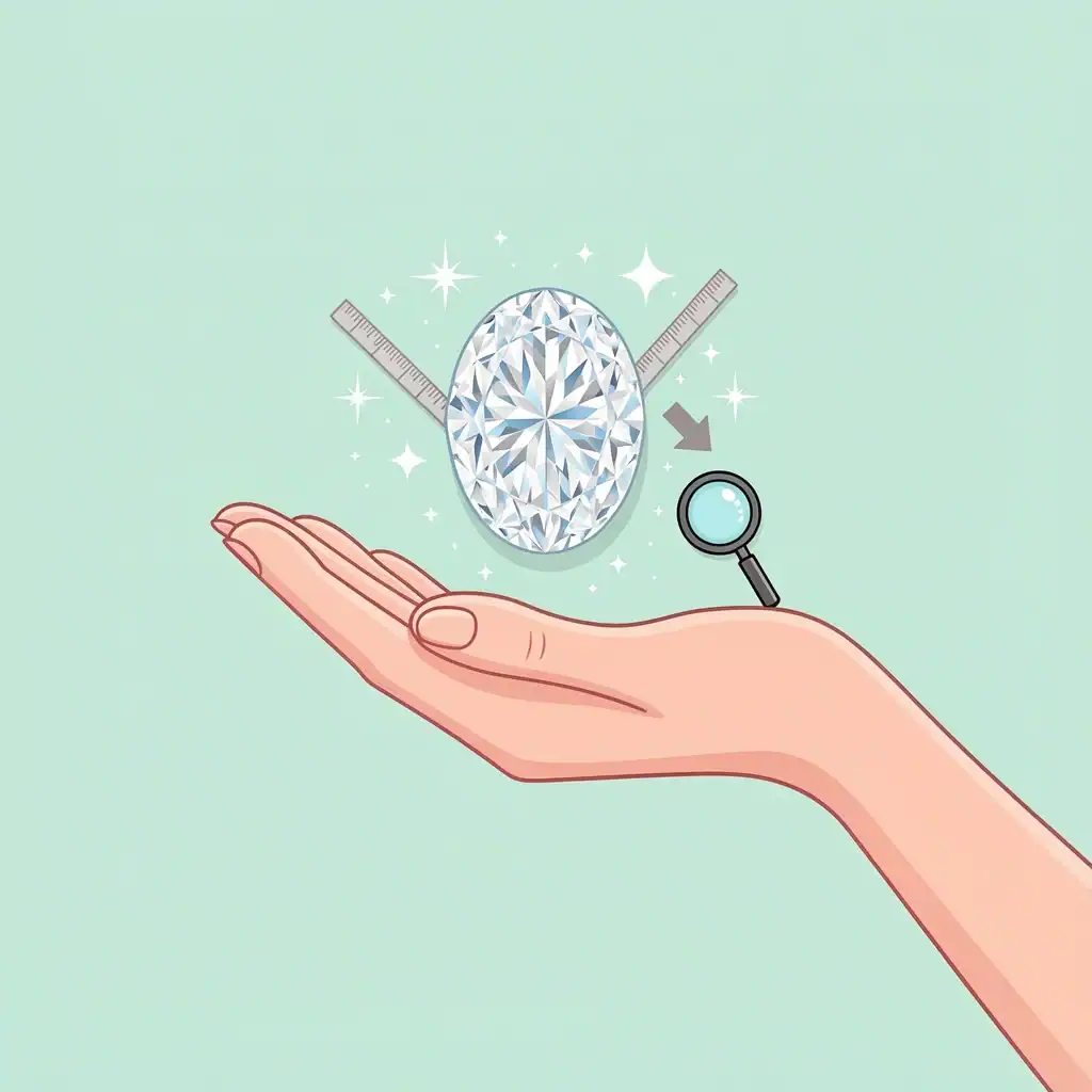 Featured image for oval cut diamond guide showing a diamond floating above a hand with magnifying glass and ruler metaphors