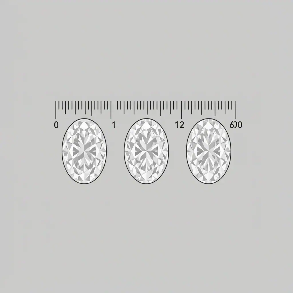 Oval Diamond Length to Width Ratio Visual Three oval diamonds with varying length-to-width ratios from short to long shown with a scale