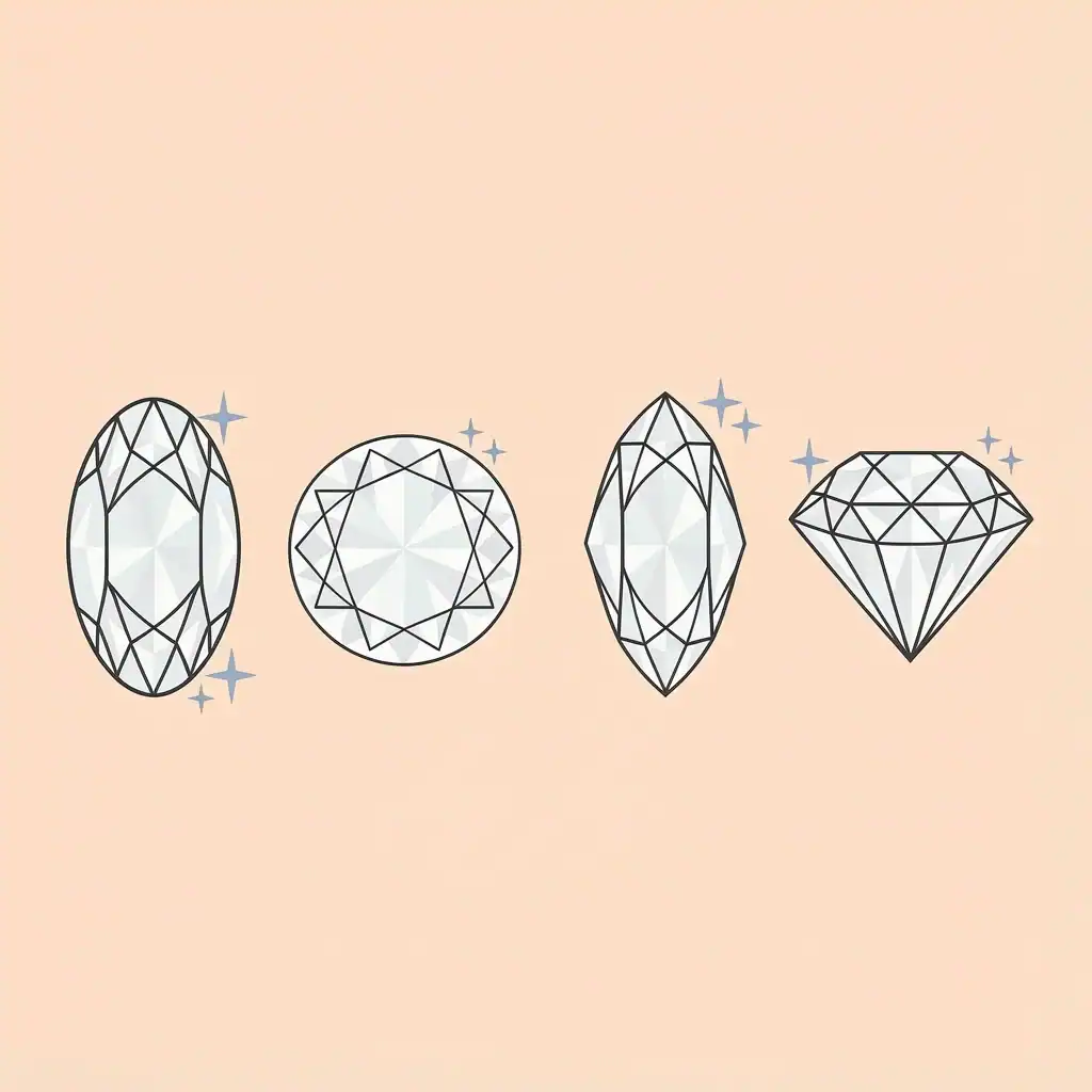 Oval vs Other Diamond Shapes Comparison Comparison of oval, round, emerald, and radiant diamond shapes with sparkle icons for brilliance