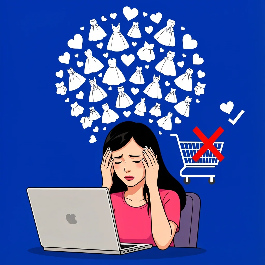 Overwhelmed woman at laptop with floating wedding dress icons and shopping cart with X