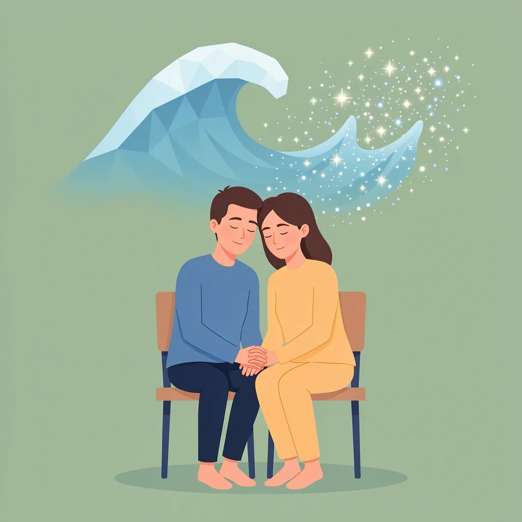 A couple holding hands in a chair while a geometric wave of anxiety dissolves into sparkles above them