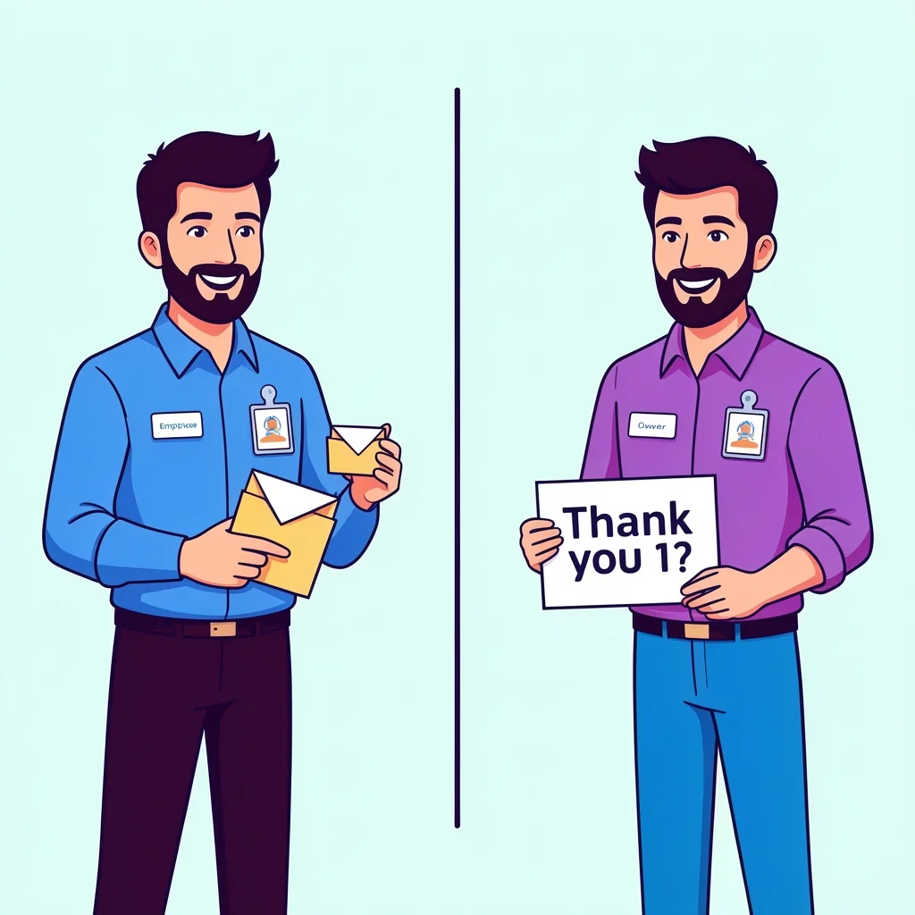 Owner Versus Employee Tipping Rule Two groups of vendor characters: employees with tip envelopes and owners with thank-you notes