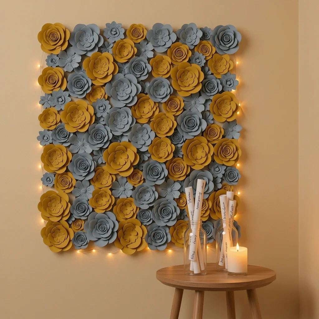 Cozy living room decorated for first wedding anniversary with paper flower wall, fairy lights, and message bottles
