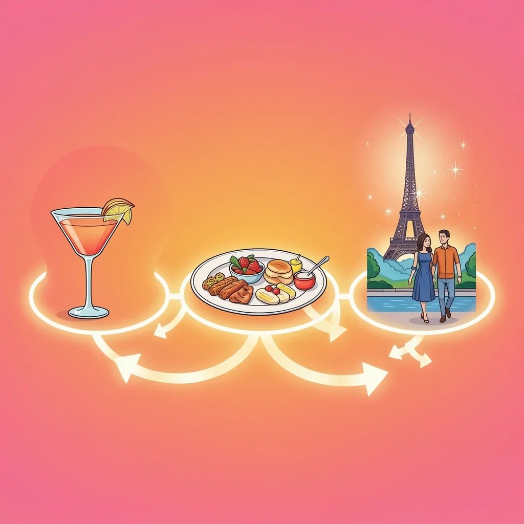 Alegria style illustration of a Paris date night flow with cocktail, dinner, and romantic walk icons connected by a glowing path.