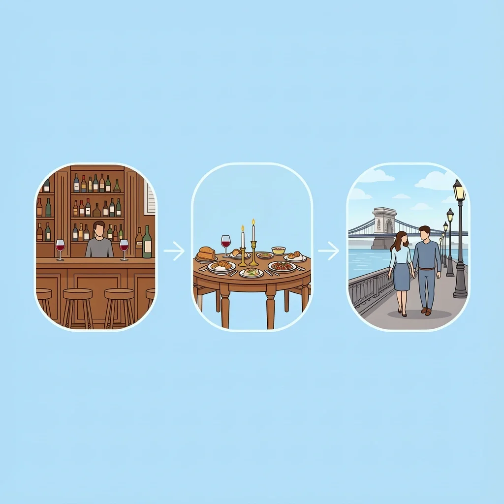 Three Steps of Paris Date Night Alegria style illustration showing the three steps of a Paris date night: apéro, dinner, and post-dinner walk.