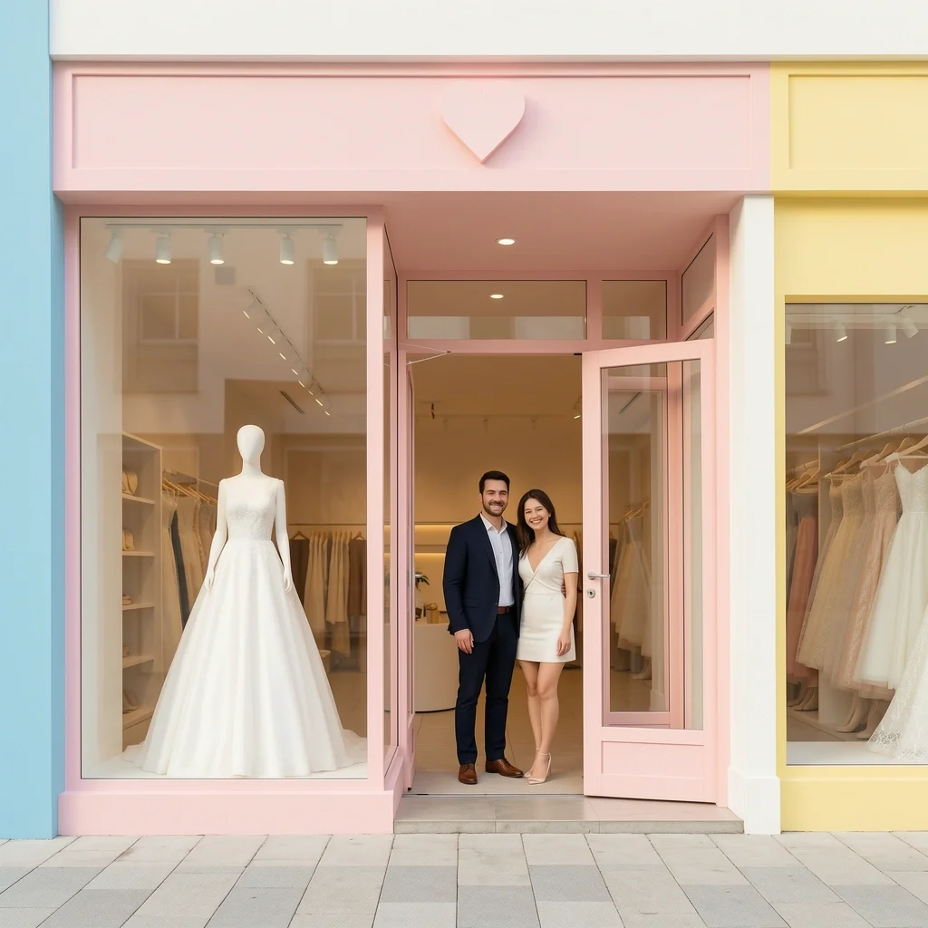 Partner-Friendly Bridal Salon Modern bridal salon storefront with a couple entering, heart icon indicating partner-friendly appointment