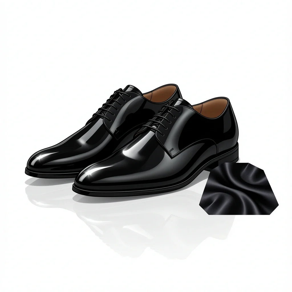 A pair of shiny black patent leather oxford shoes on a white background with a satin fabric sample beside them.