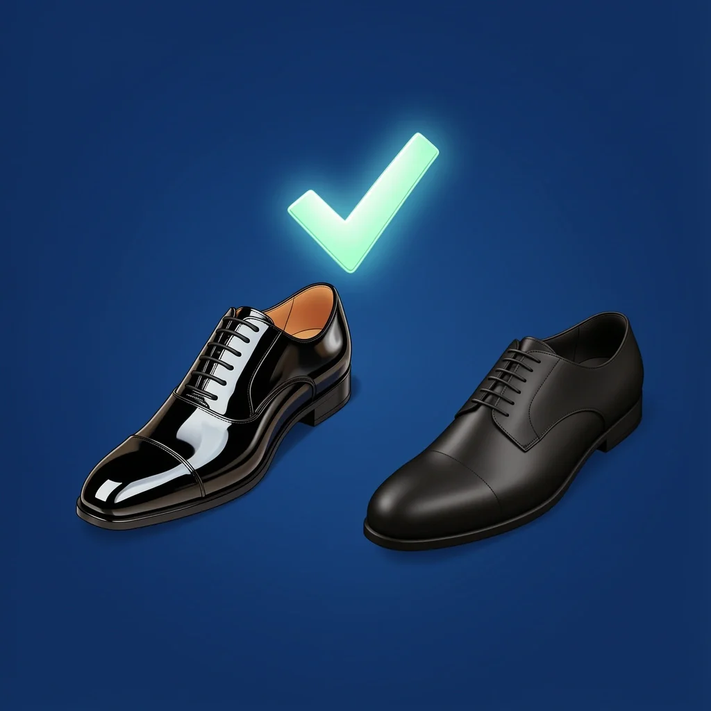 Illustration of two dress shoes: shiny patent leather oxford and matte black oxford, with a checkmark on the patent leather shoe.