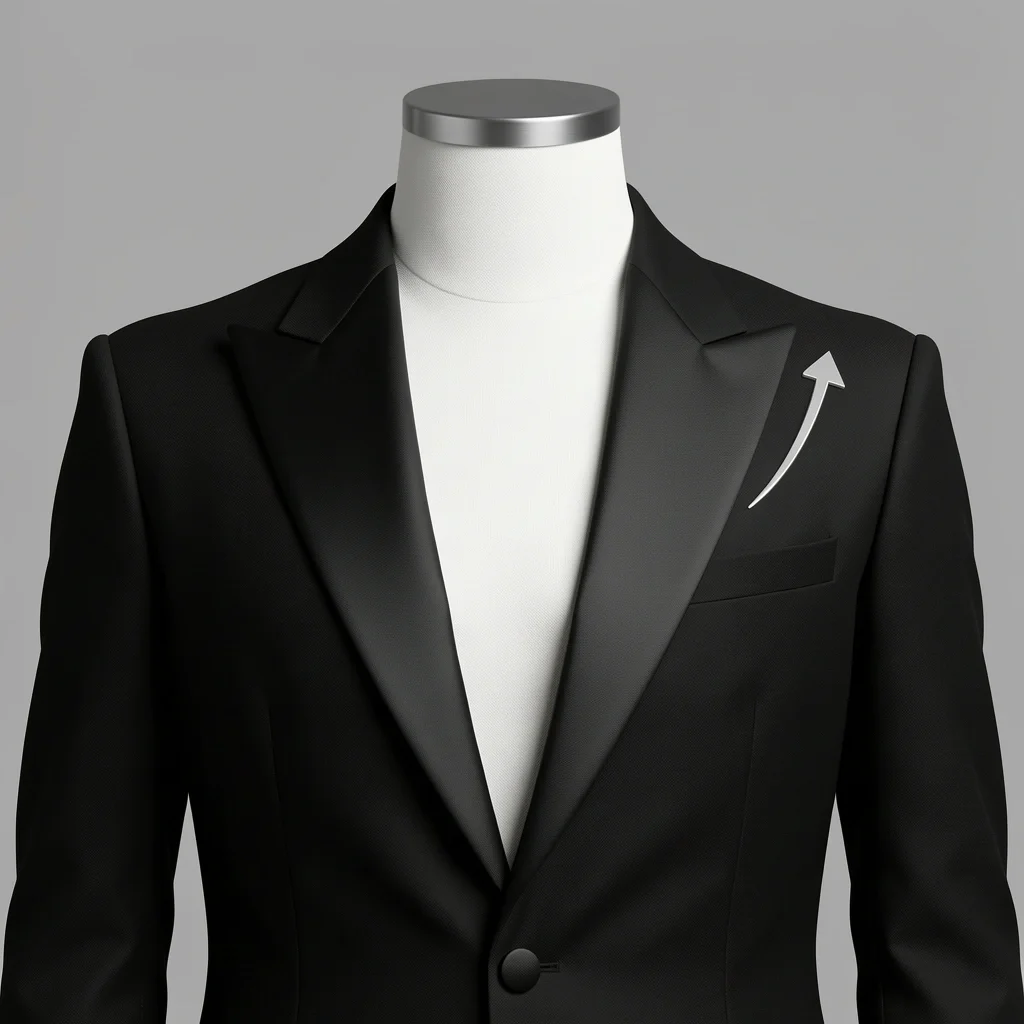 Close-up of a black tuxedo jacket with peak lapels pointing upward and a single button closure on a gray background.