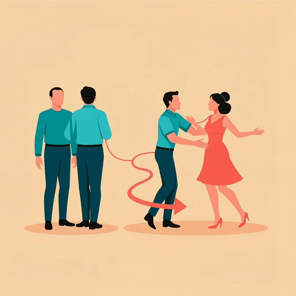 Wedding Family Drama People Management A couple with a calm friend guiding a dramatic family member away from conflict toward a dance floor on a beige background.