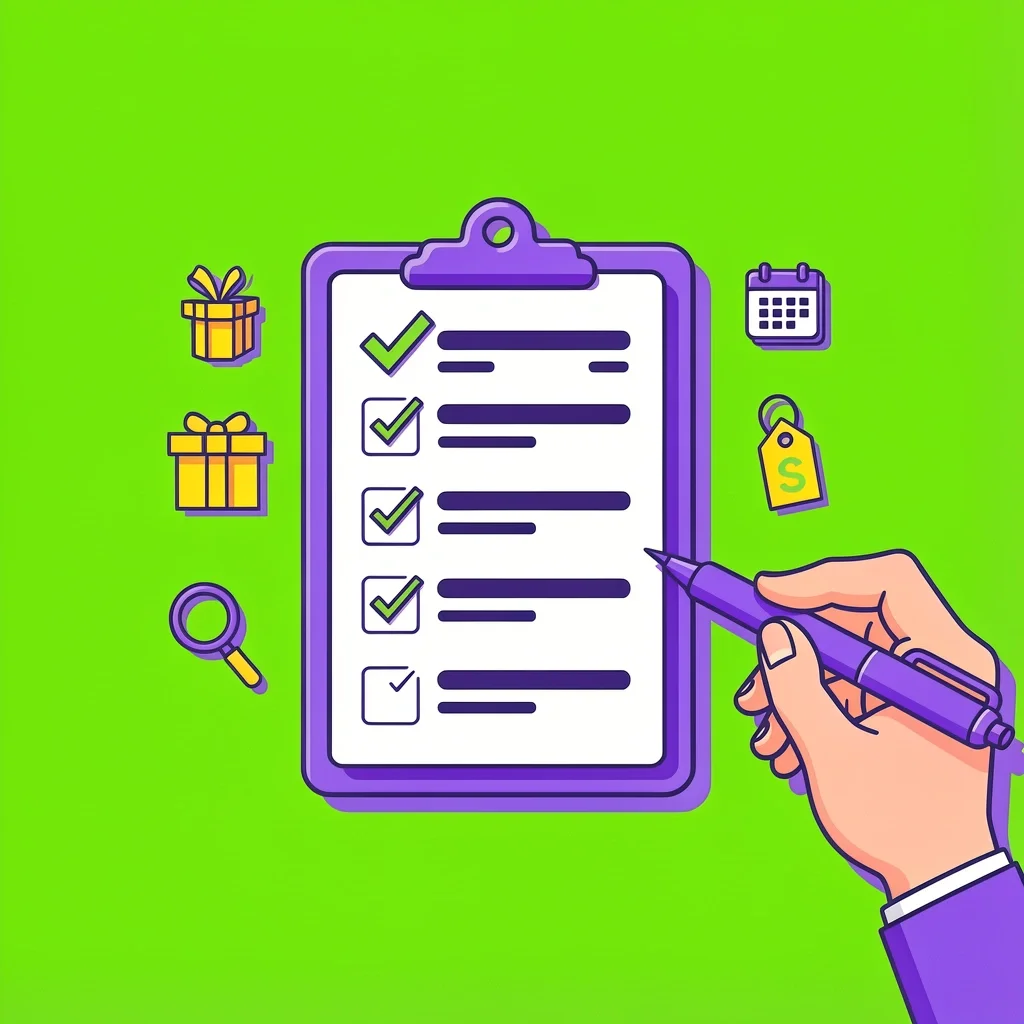 Hand holding a pen pointing to a checklist with registry icons like gift box and calendar