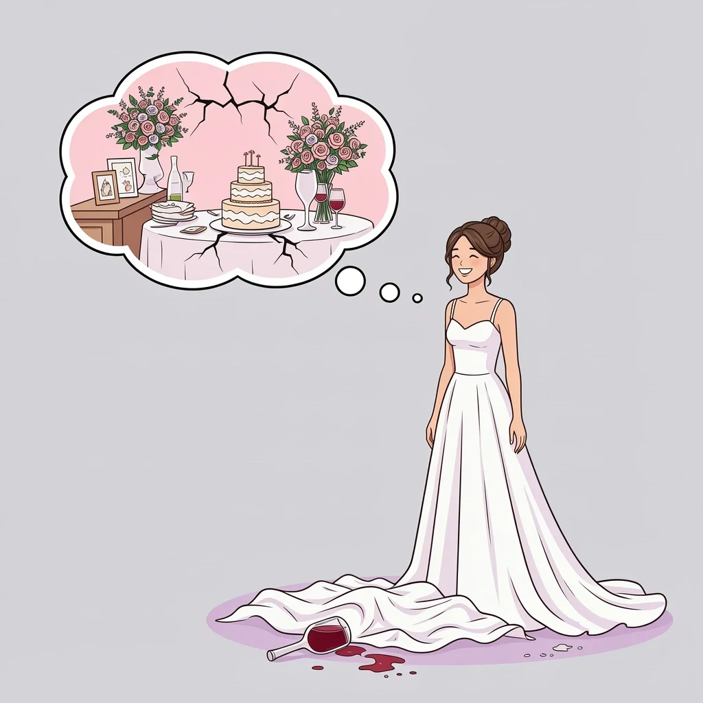 Perfectionism vs Reality Wedding Illustration A person with a cracked thought bubble showing a perfect wedding next to a real bride with a happy but imperfect scene on a gray background.