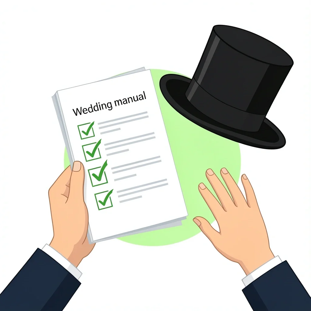 Permission Granted: No Best Man Needed Groom holding a checklist with a checkmark, waving away a traditional top hat, symbolizing choosing a non-traditional wedding