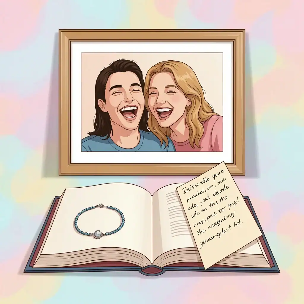 Personal Gifts for Bridesmaids Framed photo, bracelet, and book with note, representing personal bridesmaid gifts, 2D illustration