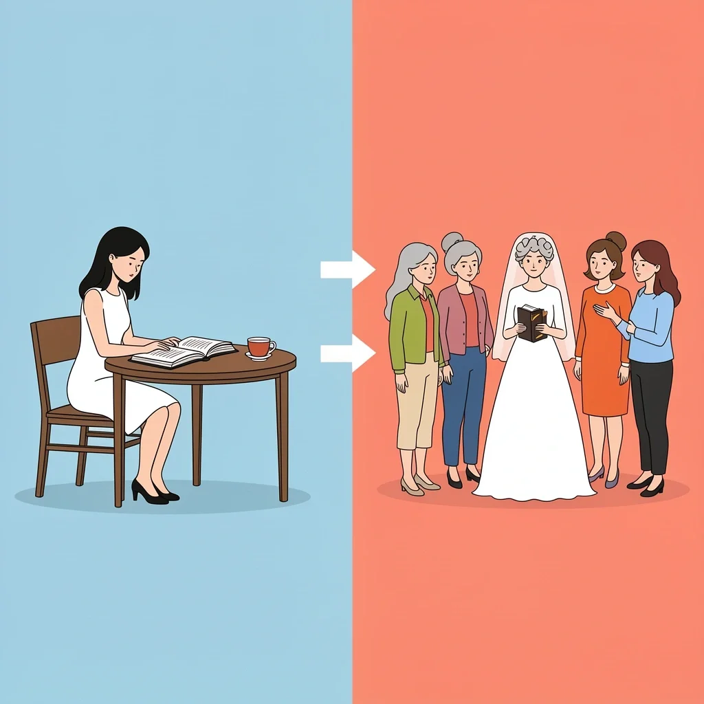Personal Devotional vs Bridal Shower Devotional Comparison Comparison of personal devotional with one woman reading alone and bridal shower devotional with a group of women surrounding the bride