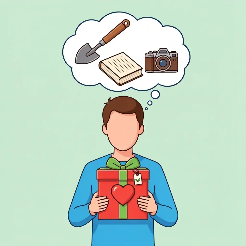 Personalized Anniversary Gifts A person holding a gift box with a heart, with a thought bubble showing a garden tool, book, and camera, representing personalized anniversary gifts.