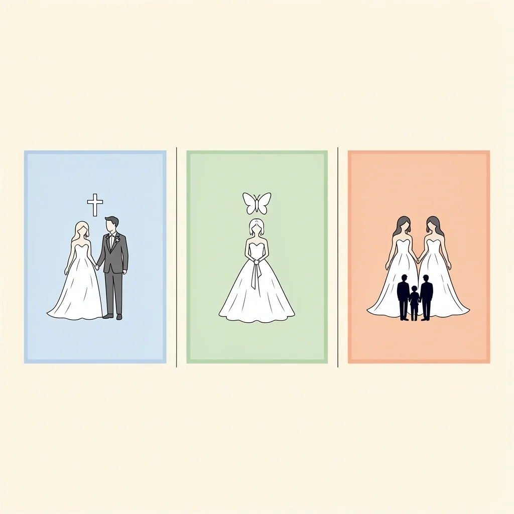 Personalized Bride Devotional Situations Three vignettes showing different bride situations: non-believing spouse with cross, past redemption with butterfly, blended family with family silhouette