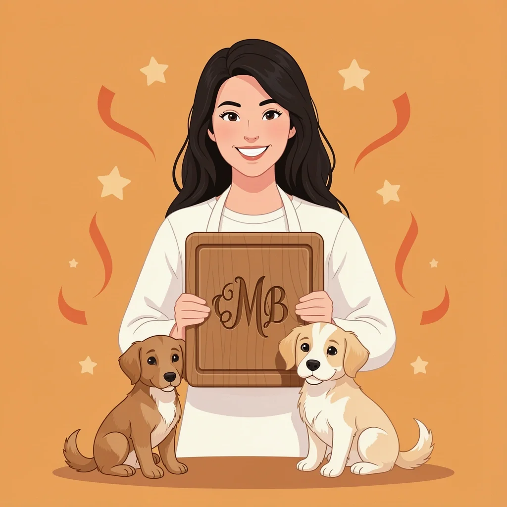 A person holding a custom engraved wooden cutting board with a monogram, a small dog beside them
