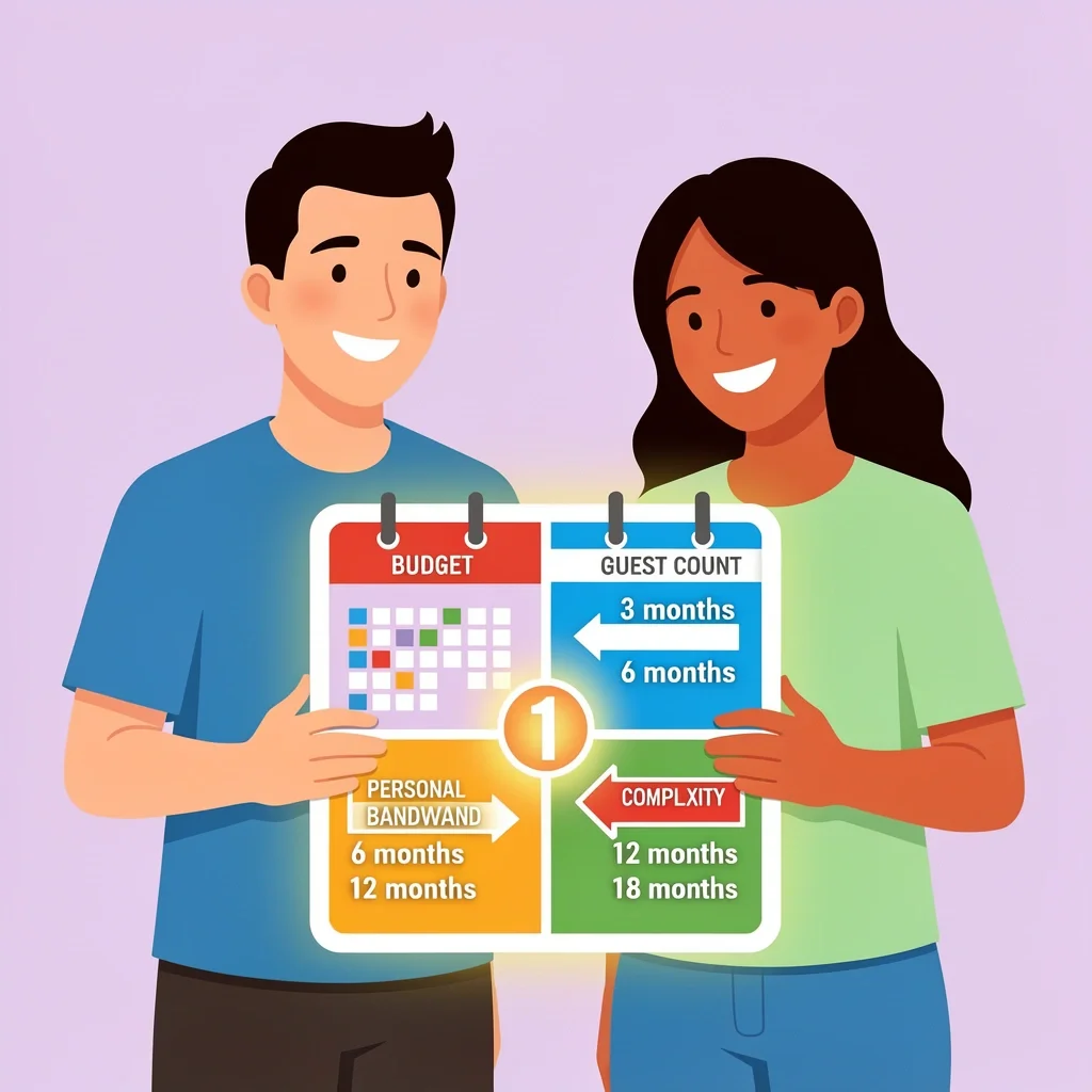 Couple holding a calendar fragmented into four timeline factors for wedding planning