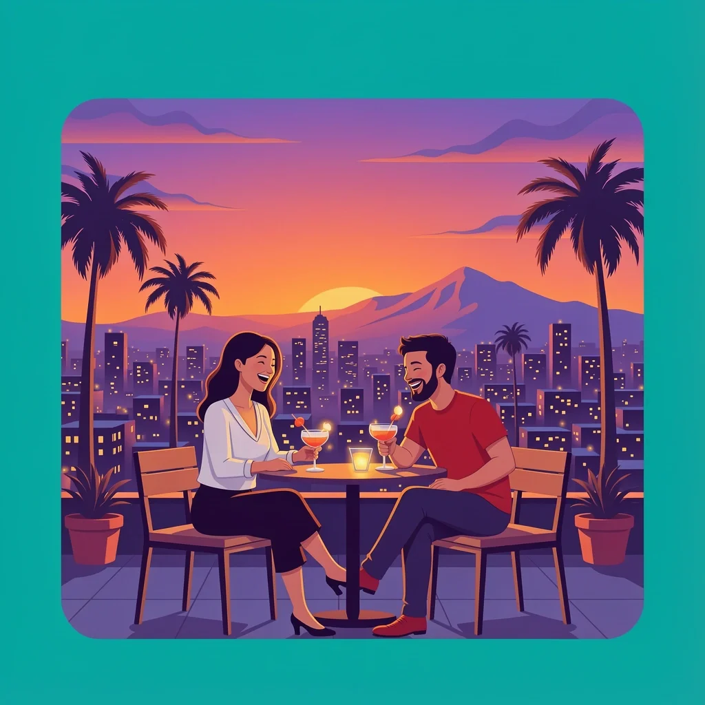 Couple enjoying romantic rooftop date night with Phoenix skyline at sunset