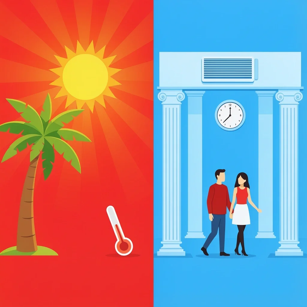 Summer Heat Factor Date Planning Illustration contrasting hot outdoor and cool indoor date options for Phoenix summer