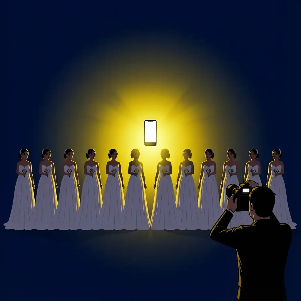 Phone Glow During Ceremony Vector illustration of a dark wedding ceremony with a glowing phone screen among bridesmaids, distracting from the moment.