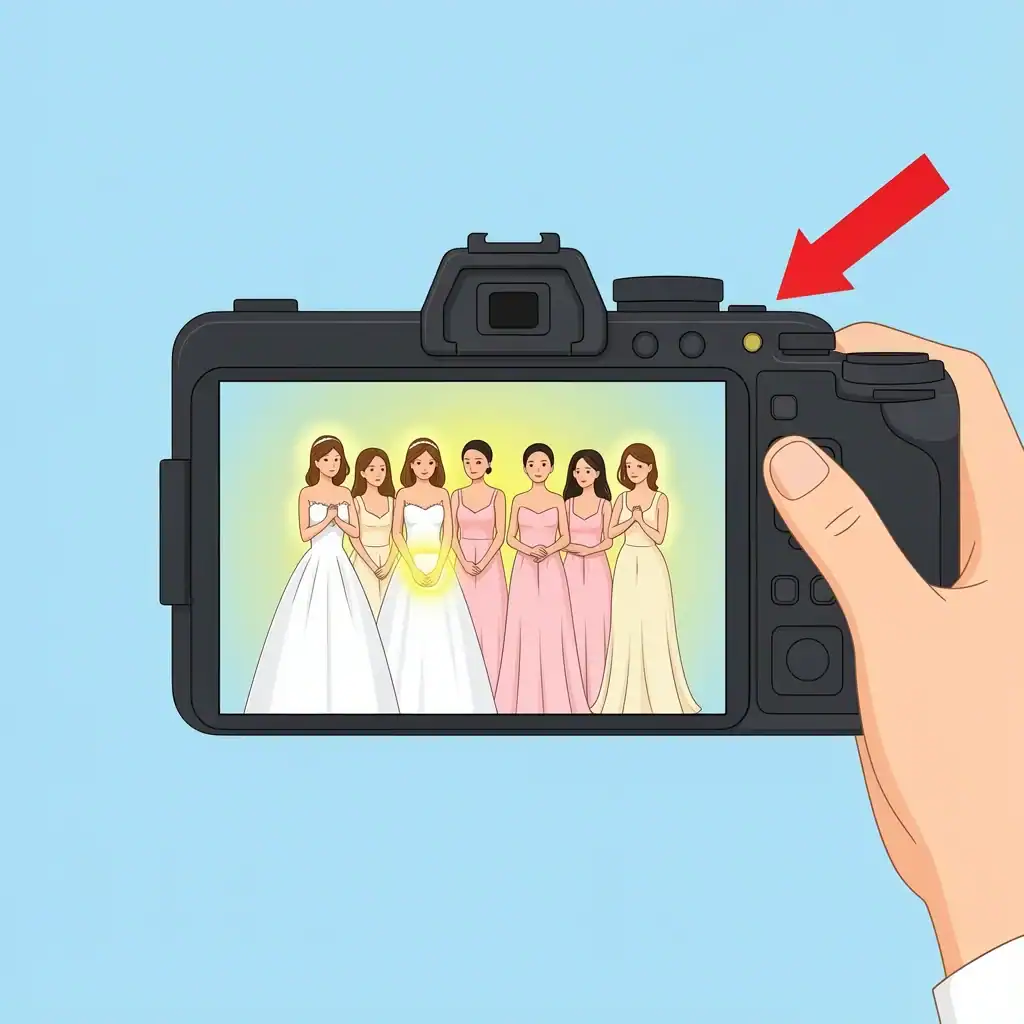 Phone Problems in Wedding Photos Vector illustration of a wedding photographer's viewfinder showing a bridesmaid dress with a phone bulge and screen glow.