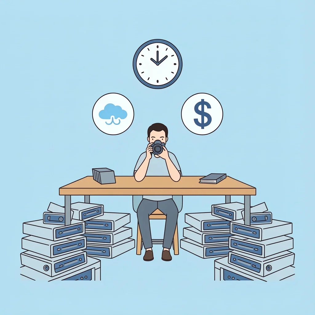 Why Photographers Limit Storage Duration Photographer at desk with hard drives and cloud icon showing storage expenses