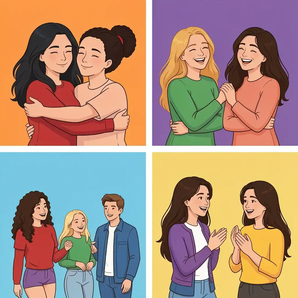Customizing Your Ask for Each Relationship Four vignettes showing different relationships being asked to be bridesmaids, 2D illustration