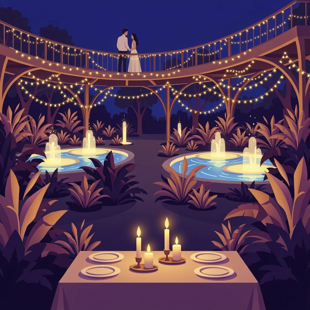 Couple at a candlelit table overlooking the illuminated Atlanta Botanical Garden canopy walk at night