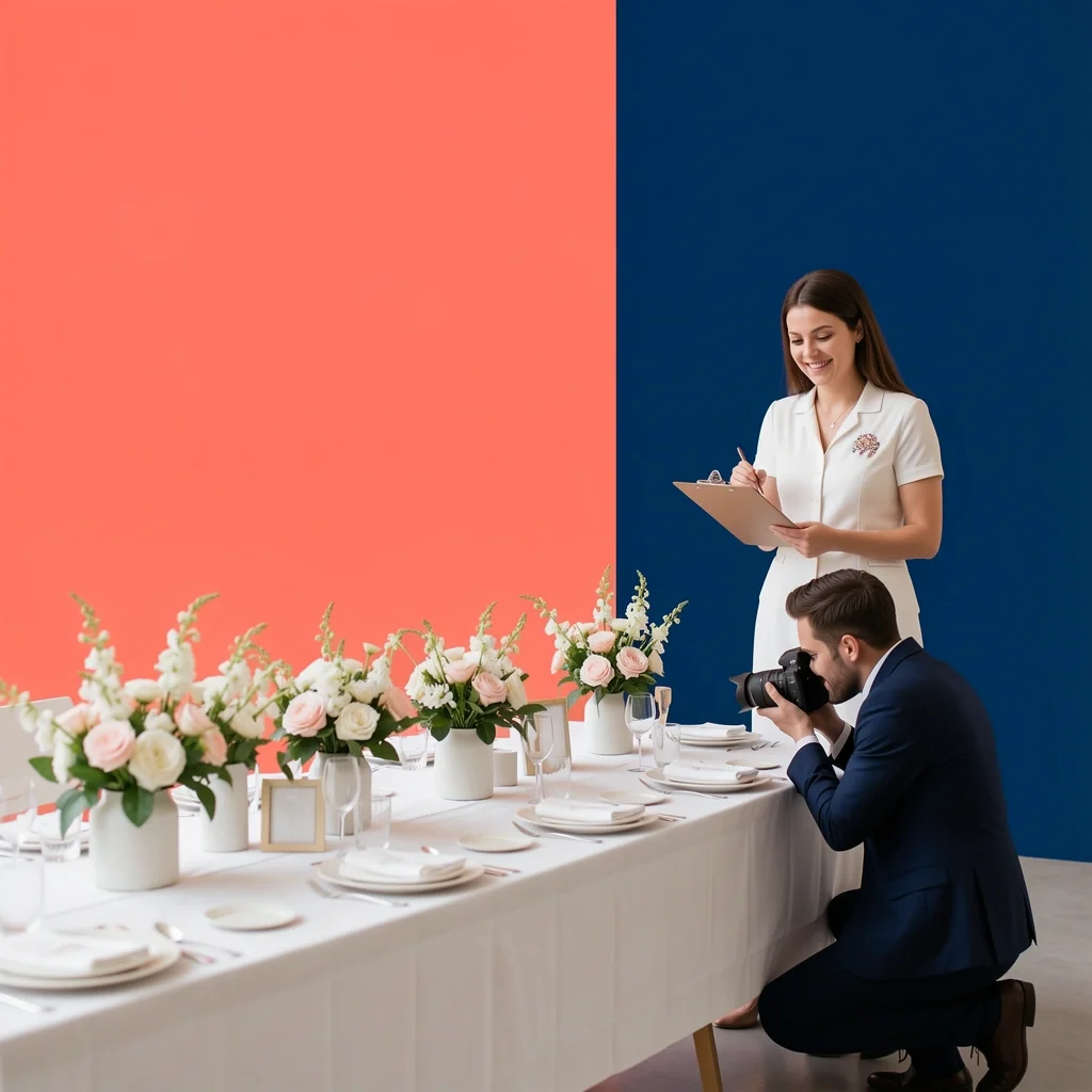 A wedding photographer and a wedding planner working together on a styled shoot, arranging table decor.