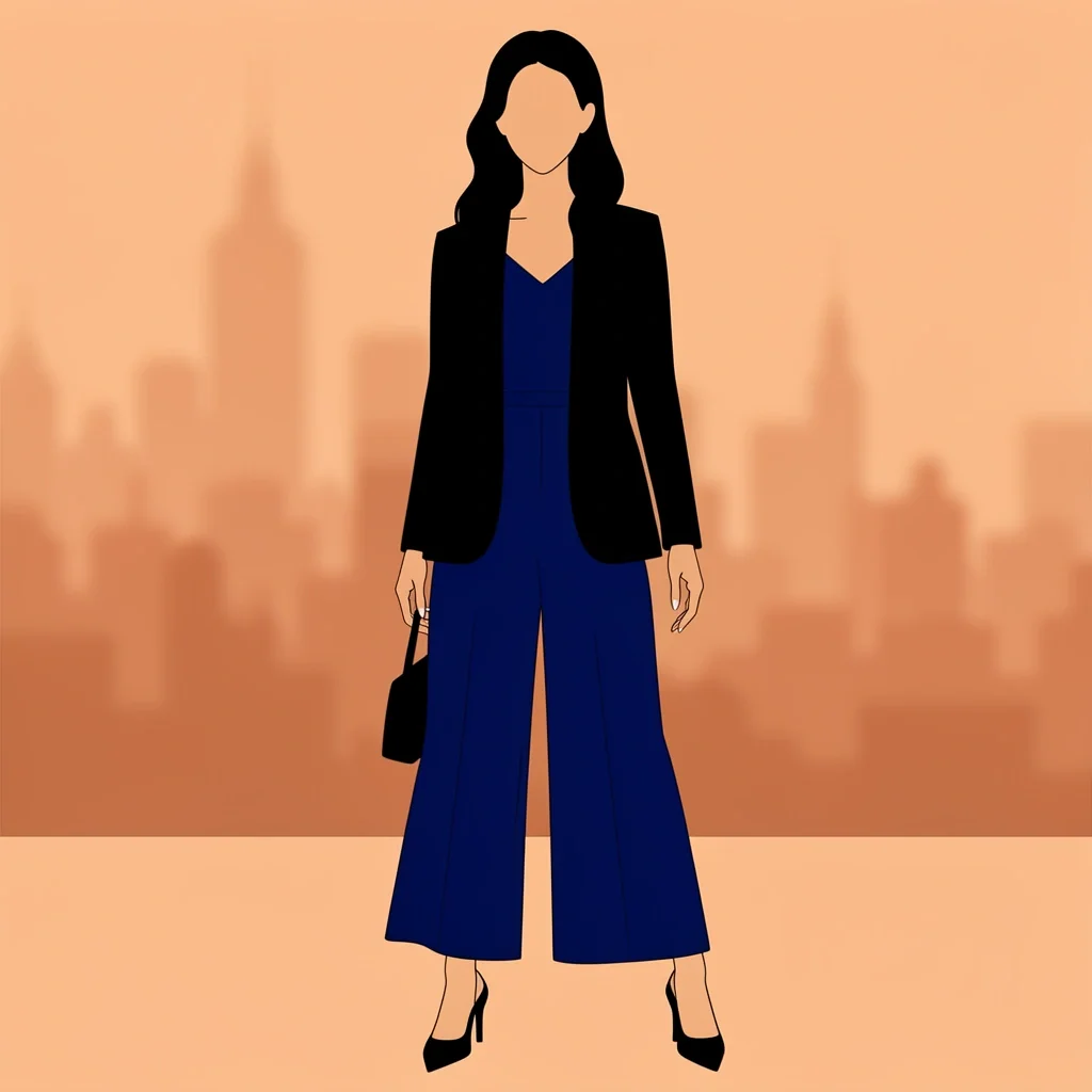 Navy wide-leg jumpsuit with blazer and pointed-toe mules for modern semi-formal courthouse guest