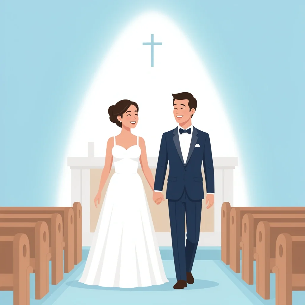 Bride and groom walking hand in hand down the aisle after the ceremony with a glowing cross symbolizing a post-ceremony prayer