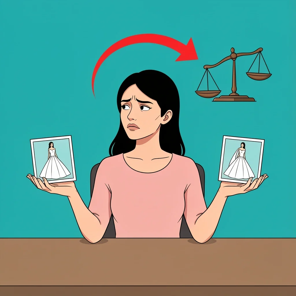 Woman comparing two wedding dress photos with conflicted expression and balance scale
