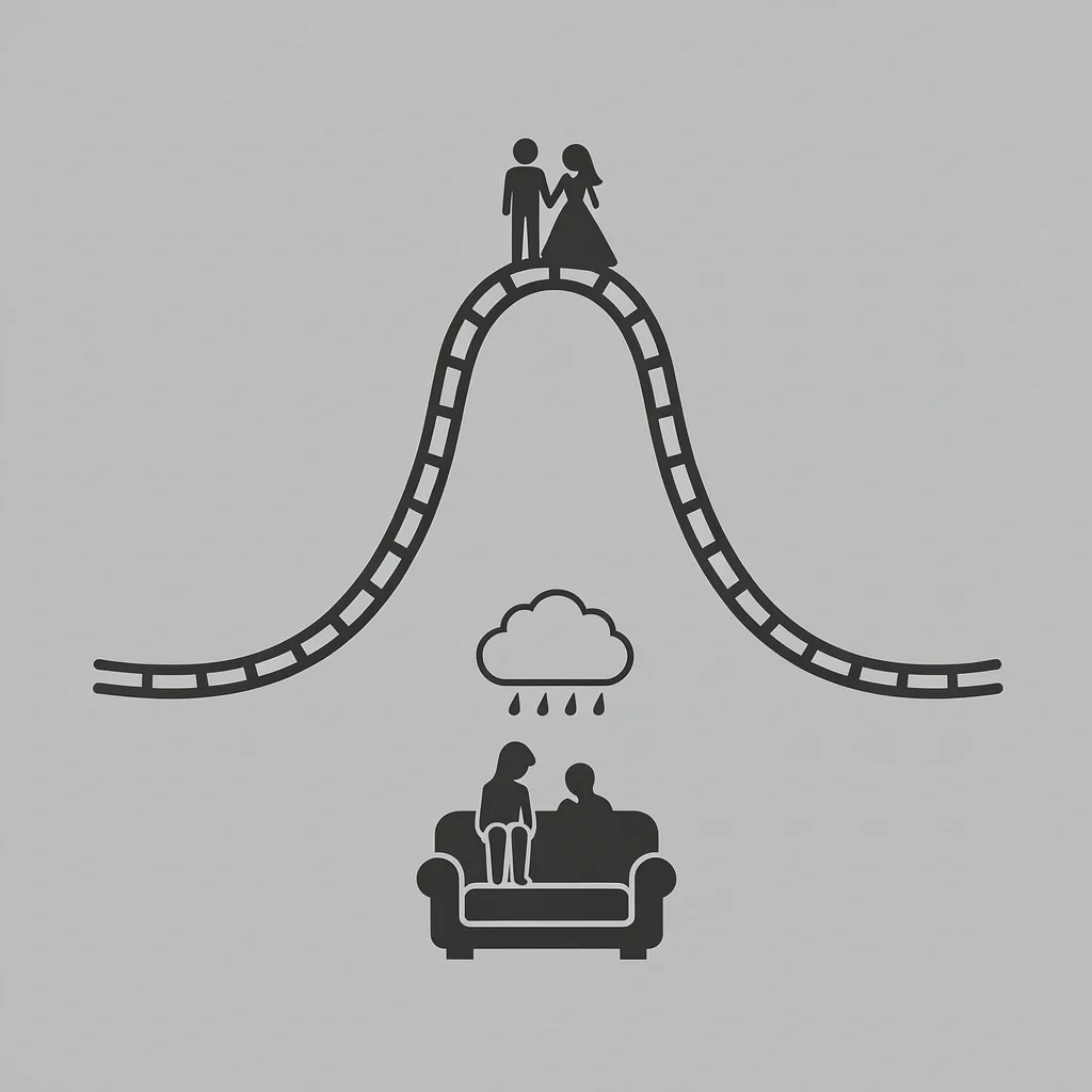 Why the Wedding Letdown Matters Roller coaster track dropping from peak to sofa with rainy cloud symbolizing wedding letdown