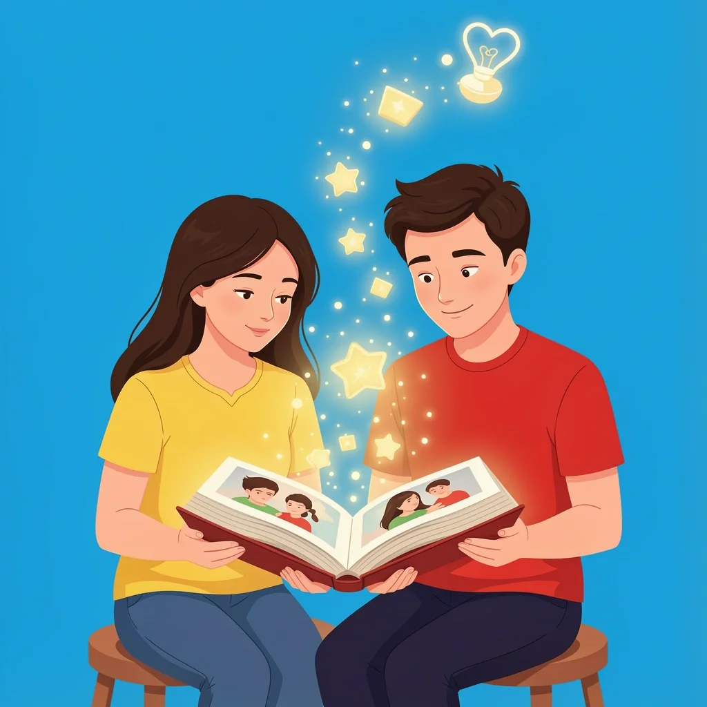Post-Wedding Memory Enrichment A couple looking at a photo album with glowing memories floating above, symbolizing positive post-wedding reflection.
