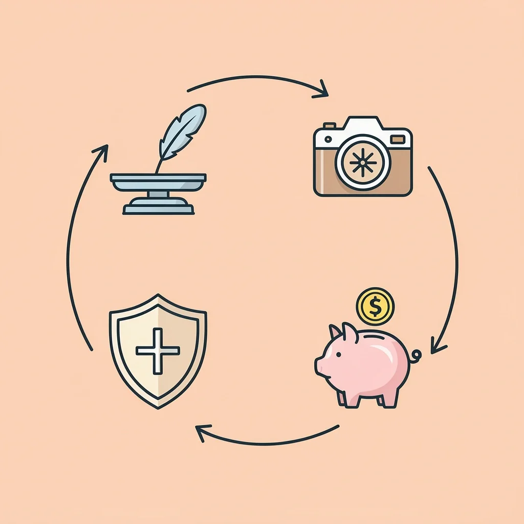 Four icons for bridesmaid accessory tips: comfort scale, camera flash, allergy shield, and budget piggy bank connected by a circular arrow
