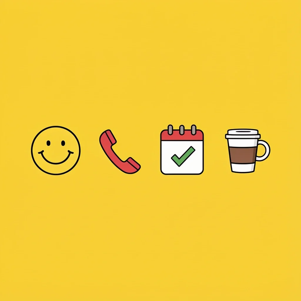 Four icons representing kindness, no phones, check-ins, and service