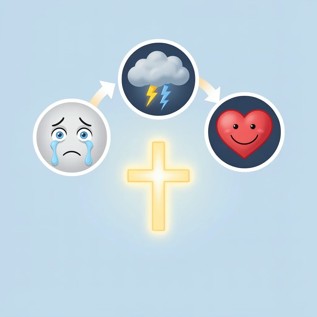 Three vignettes showing crying, storm, and joy all pointing to a cross