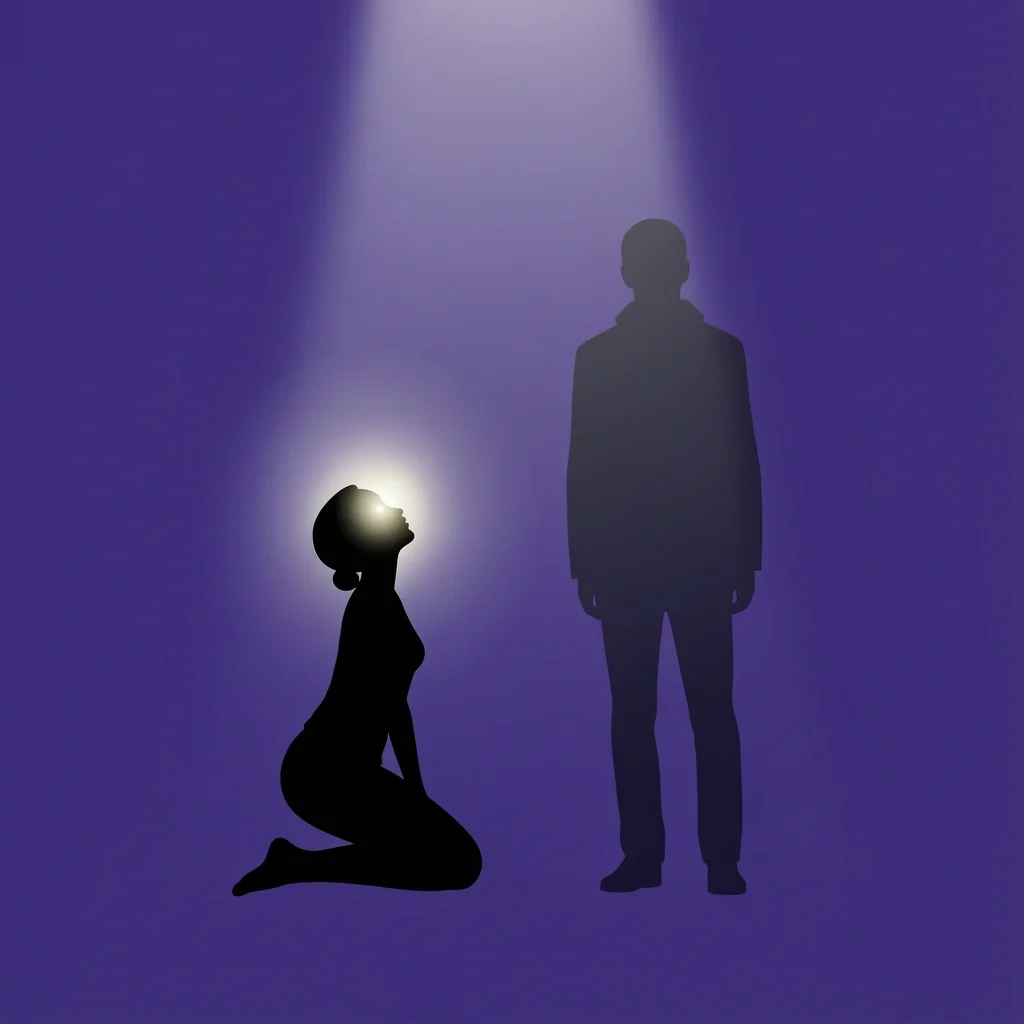 A kneeling silhouette praying with a glowing orb, while a shadow of a spouse is nearby