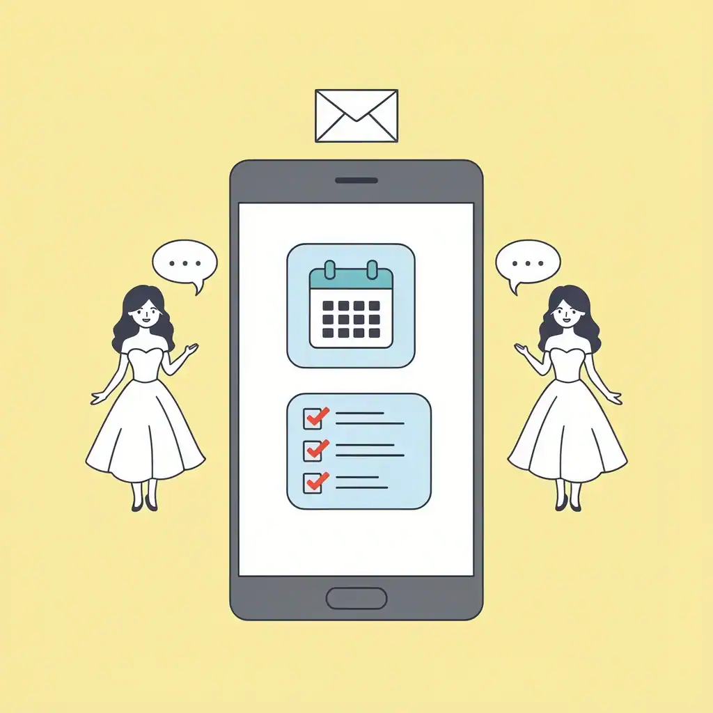 Pre-Wedding Phone Plan Communication Vector illustration of a smartphone with a group chat message and calendar icon for pre-wedding phone plan communication.