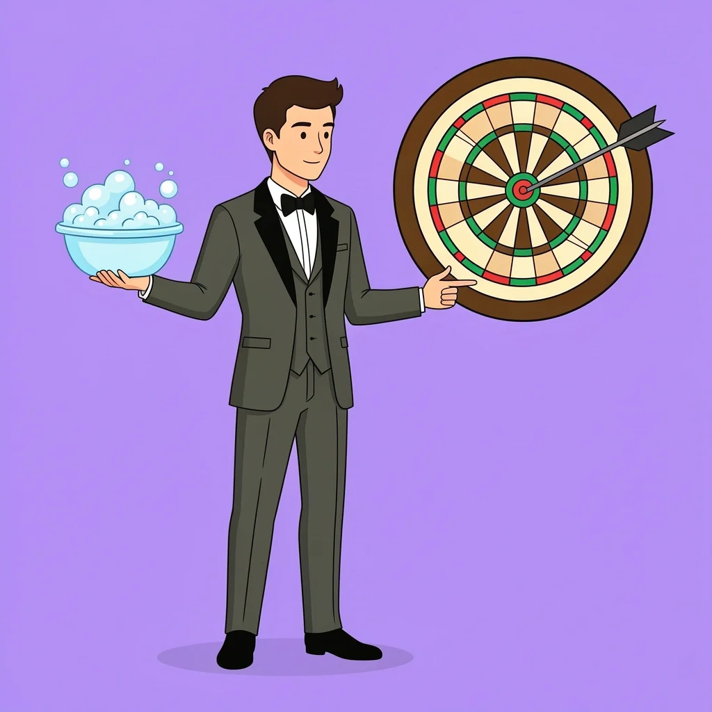 Precision Strategy Wedding Anxiety Person holding bubble bath icon and pointing to dartboard, representing precision strategy over generic self-care
