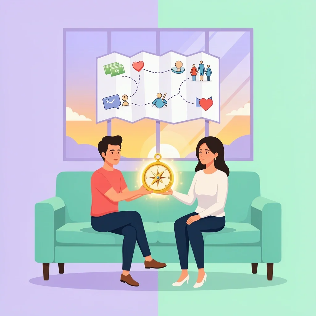 Couple holding a compass with a floating roadmap of relationship topics in a bright counseling room