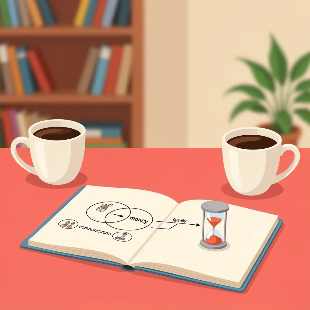 Premarital Session Topics Therapist desk with notebooks and diagram of relationship topics during a premarital counseling session