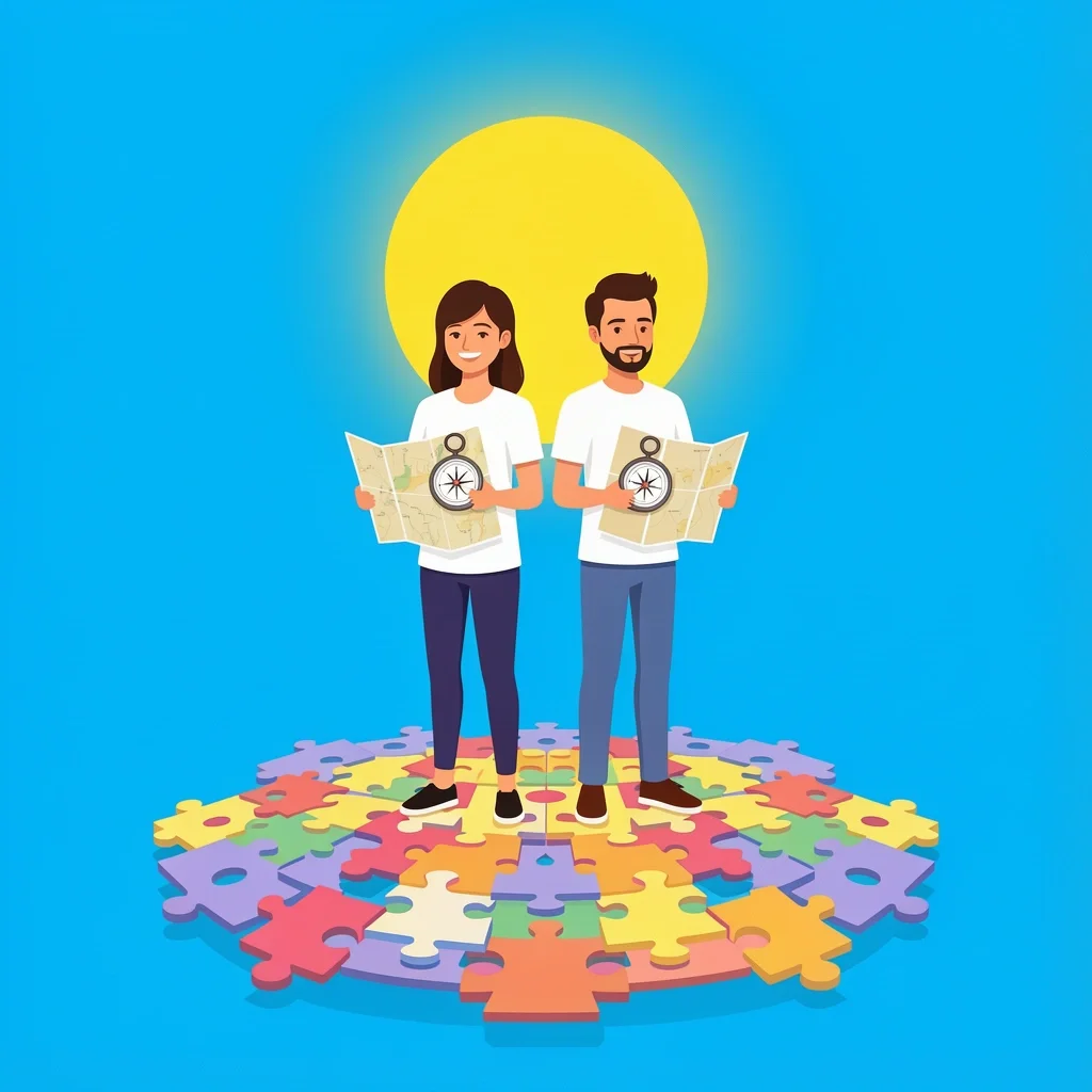 Couple standing on puzzle piece foundation with compass and map, representing marriage preparation